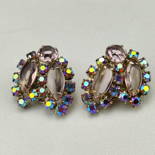 1950's Lavender Aurora Borealis Rhinestone Clip Earrings