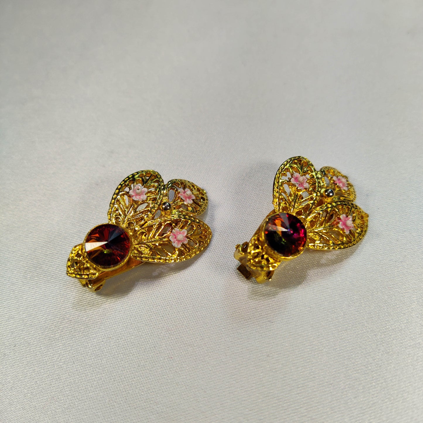 1950's Gold Filigree, Pink Flower and Red Rhinestone Spray Leaf Earrings