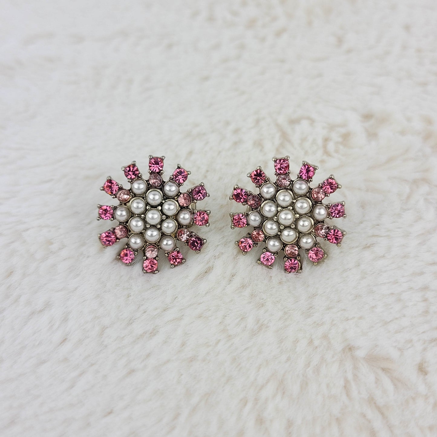 1950's Pink Rhinestone and Pearl Bead Clip Starburst Earrings