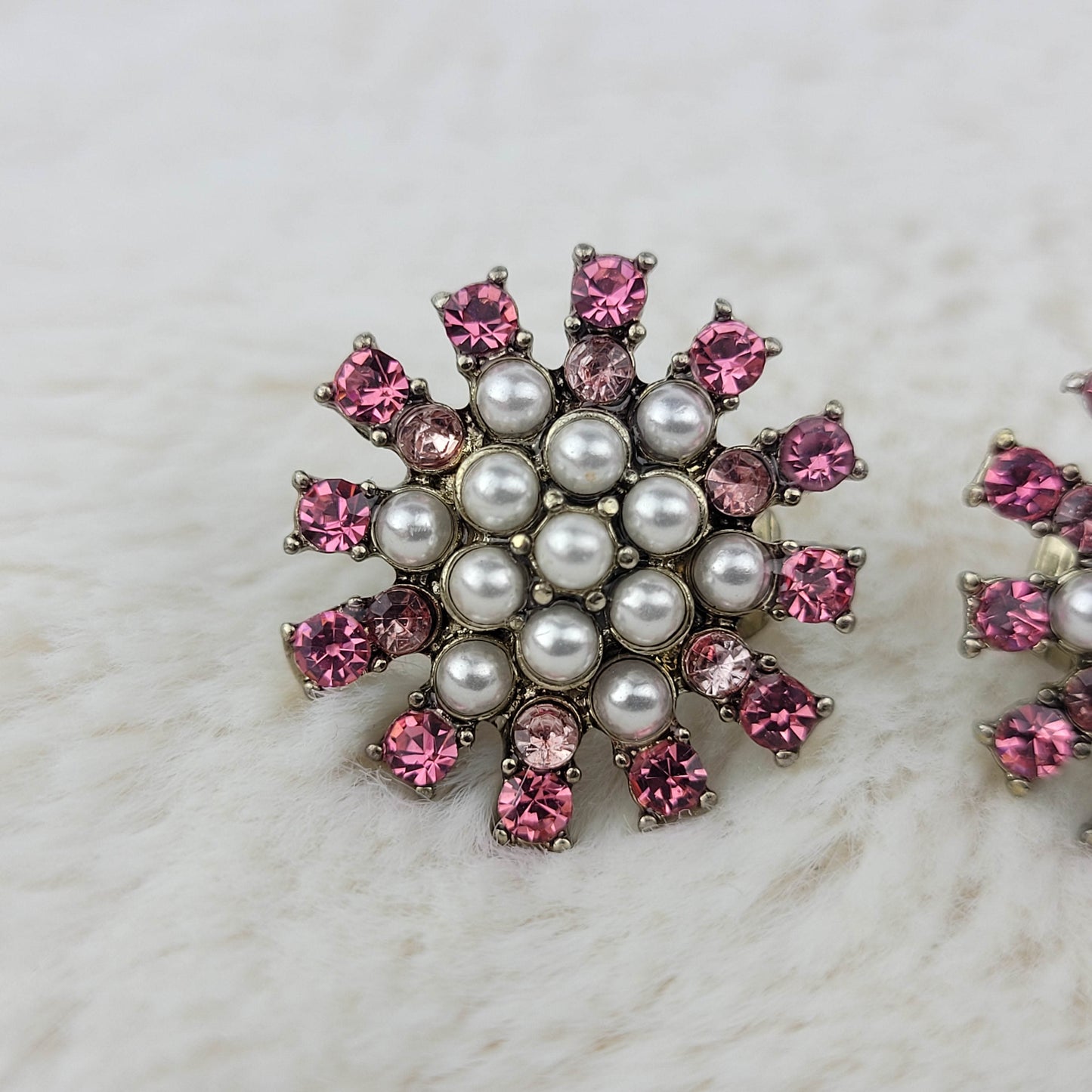 1950's Pink Rhinestone and Pearl Bead Clip Starburst Earrings