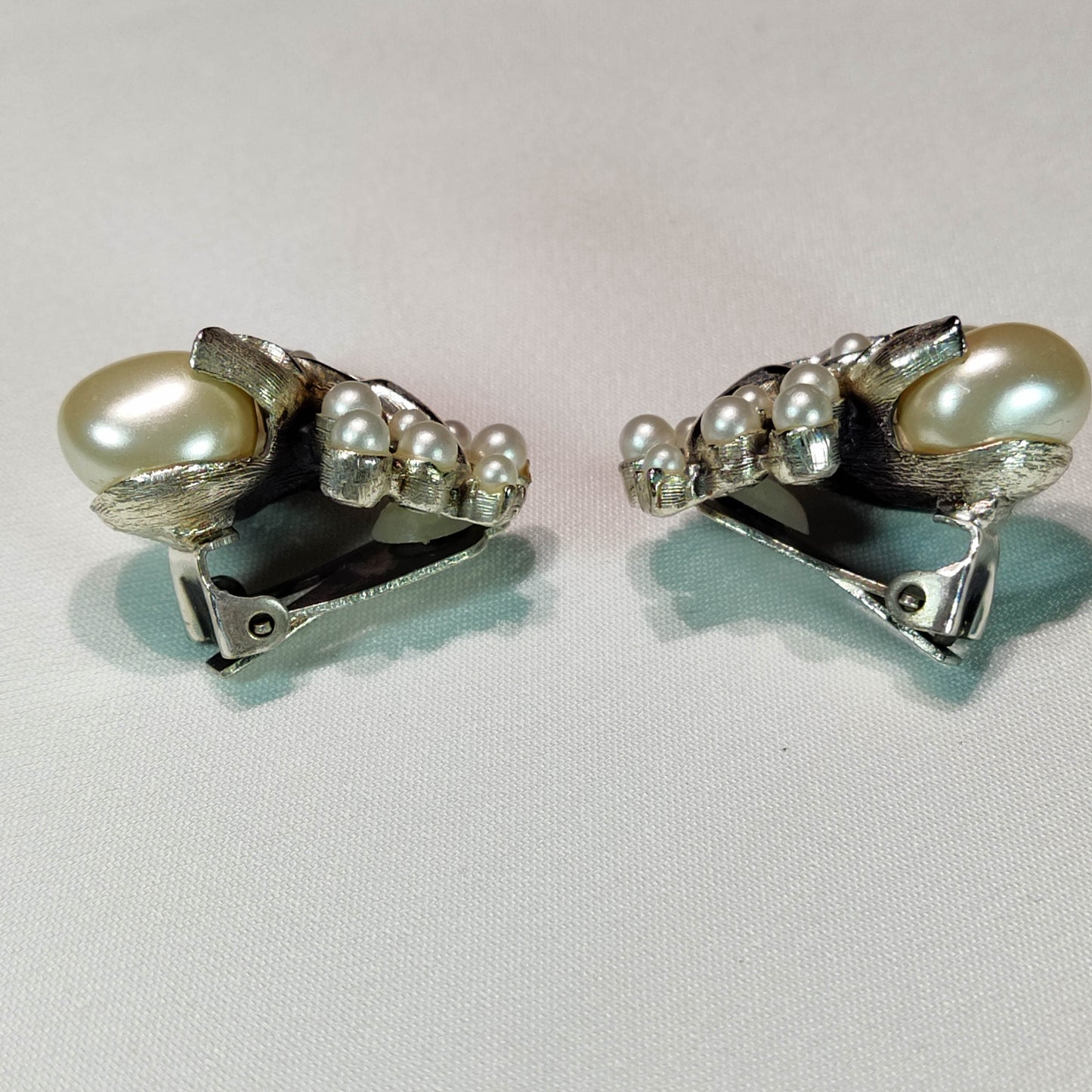 1950's Silver Metal and Pearl Cluster Clip Earrings by Tortolani