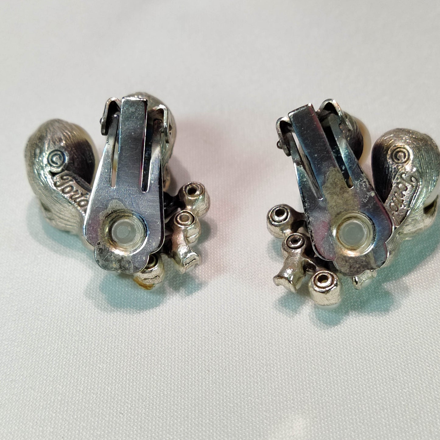 1950's Silver Metal and Pearl Cluster Clip Earrings by Tortolani