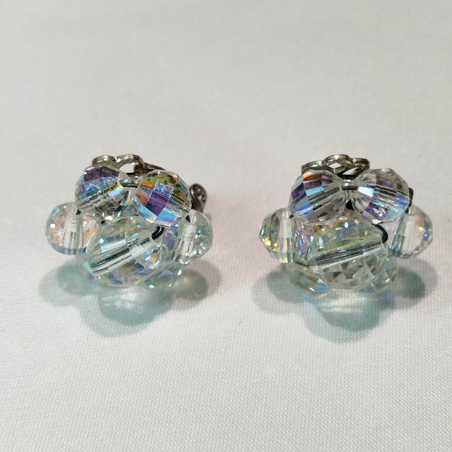 1950's Aurora Borealis Bead Cluster Clip Earrings