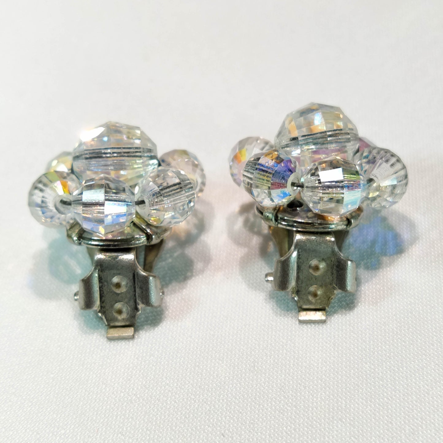 1950's Aurora Borealis Bead Cluster Clip Earrings