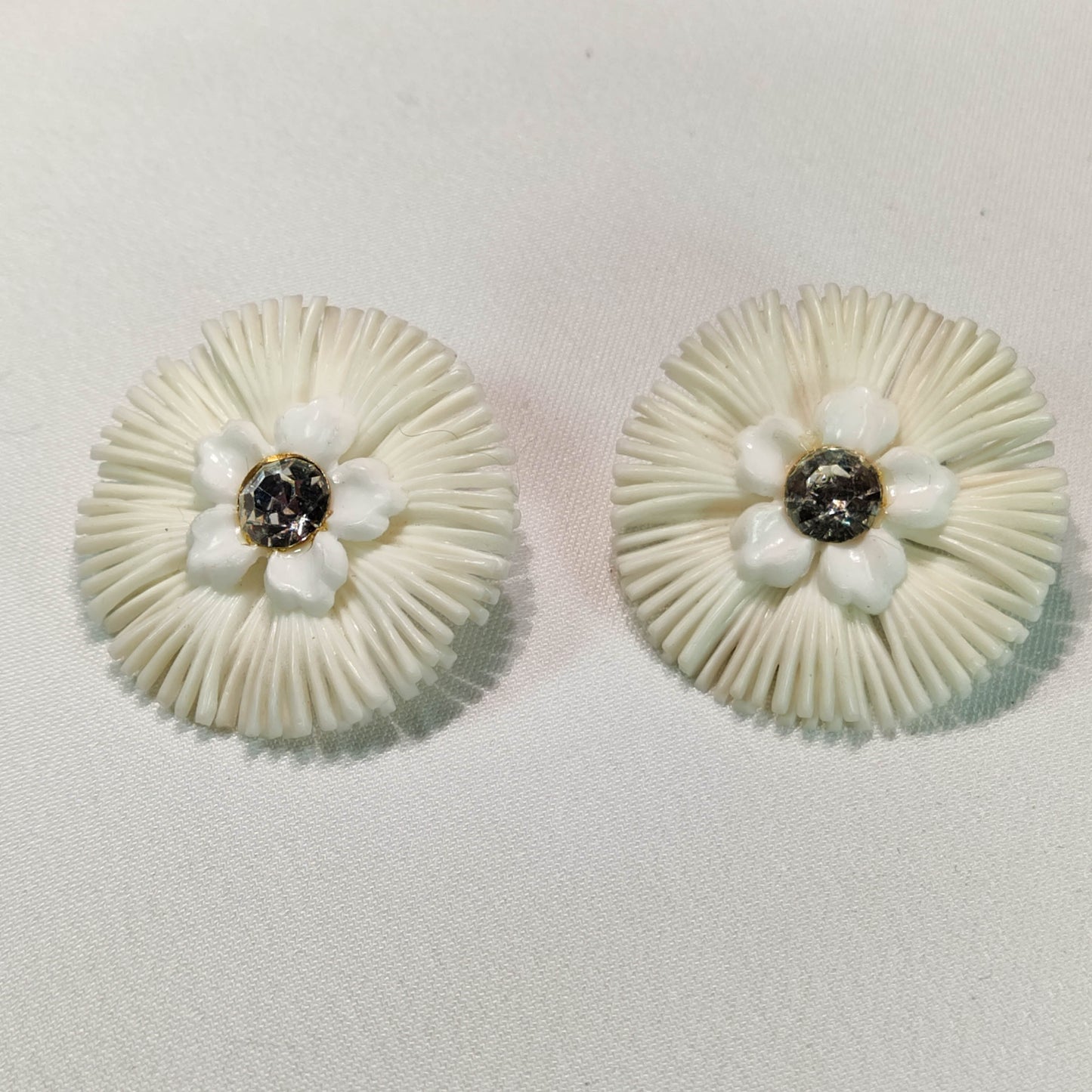 1950's White Plastic and Rhinestone Flower Clip Earrings