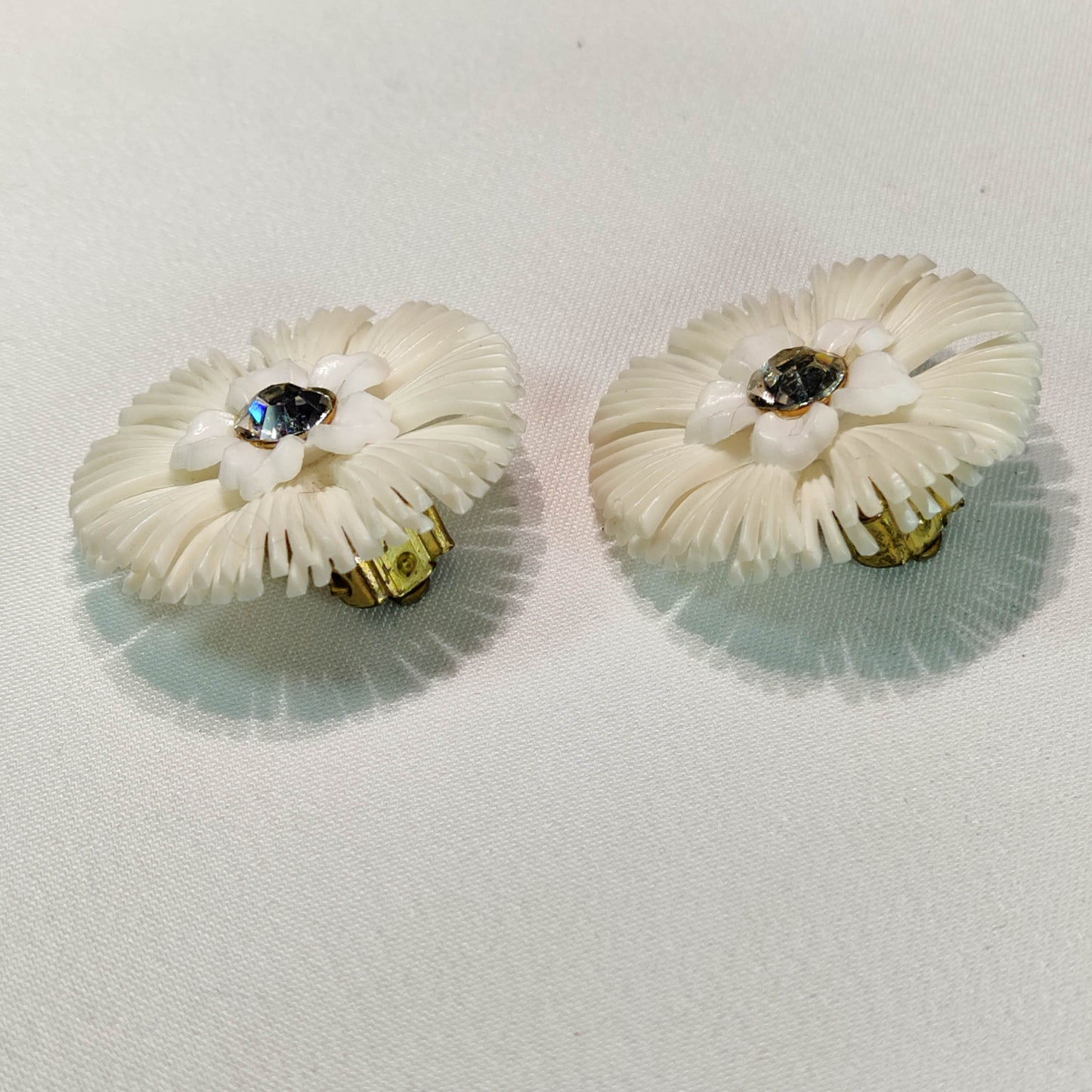 1950's White Plastic and Rhinestone Flower Clip Earrings