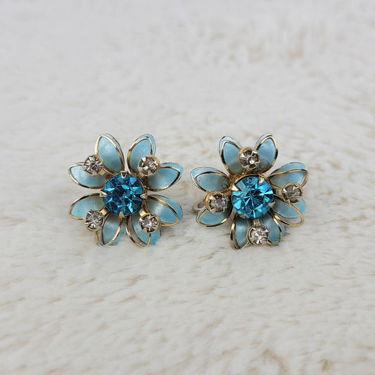 1940's Blue Enamel and Rhinestone Flower Screwback Earrings by Prestige