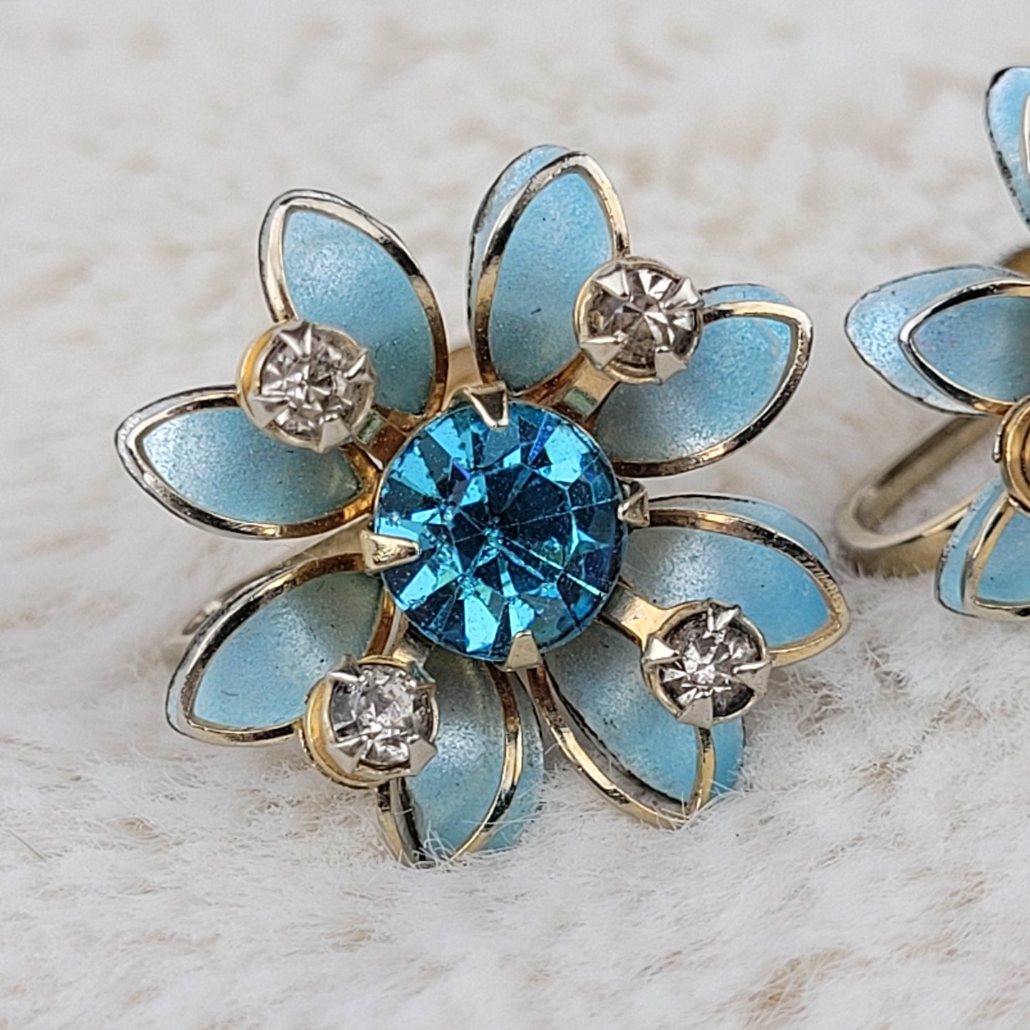 1940's Blue Enamel and Rhinestone Flower Screwback Earrings by Prestige