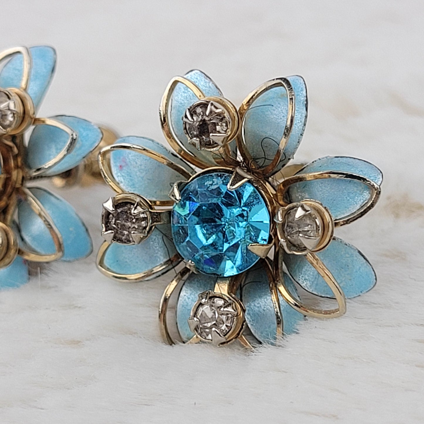 1940's Blue Enamel and Rhinestone Flower Screwback Earrings by Prestige