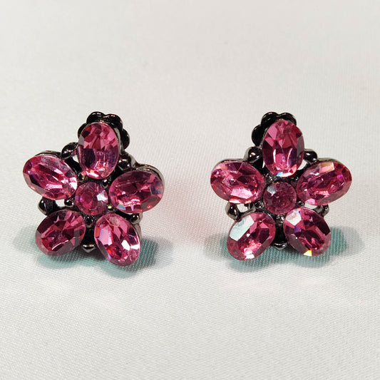 1960's Pink Rhinestone Flower Clip Earrings