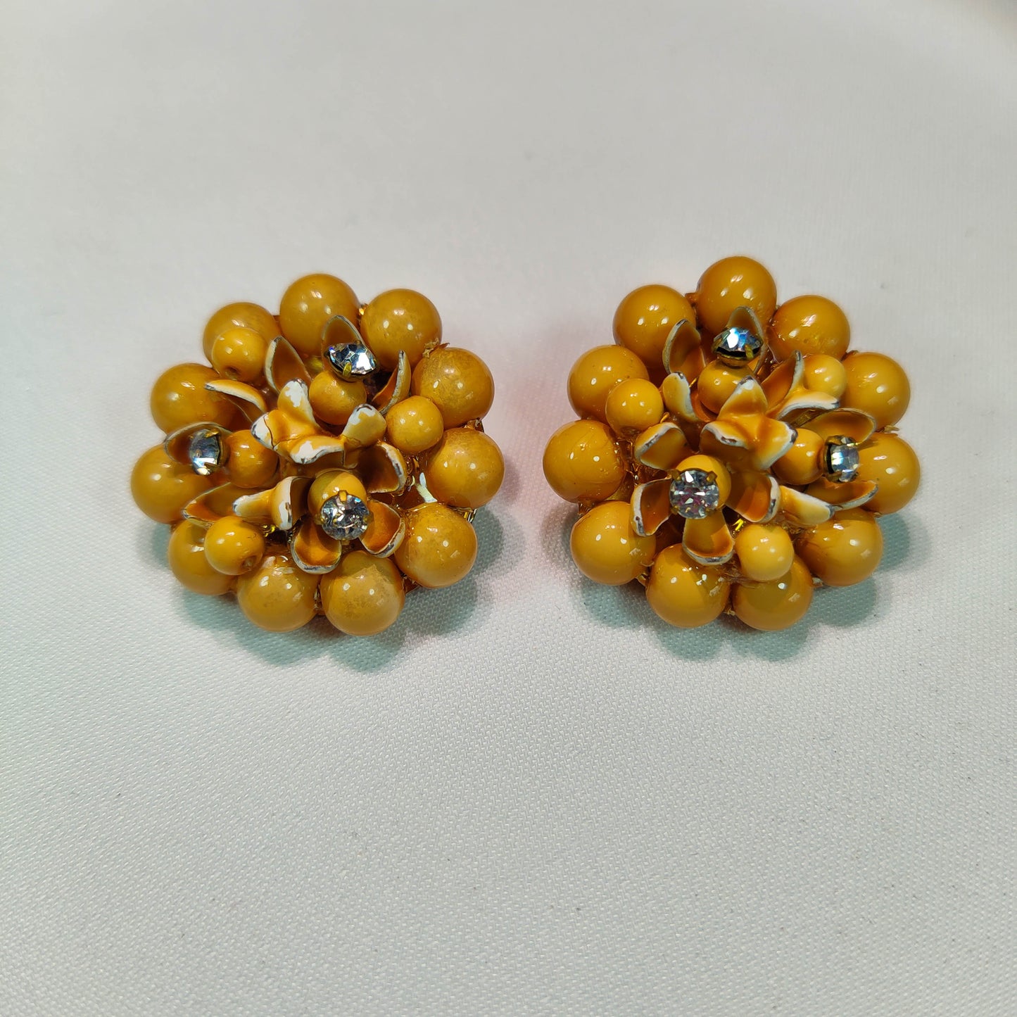 1950's Dark Yellow Bead, Rhinestone and Enamel Flower Clip Earrings