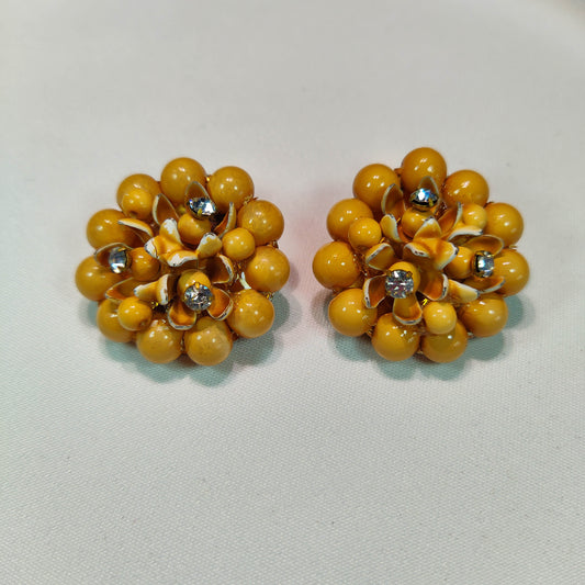 1950's Dark Yellow Bead, Rhinestone and Enamel Flower Clip Earrings