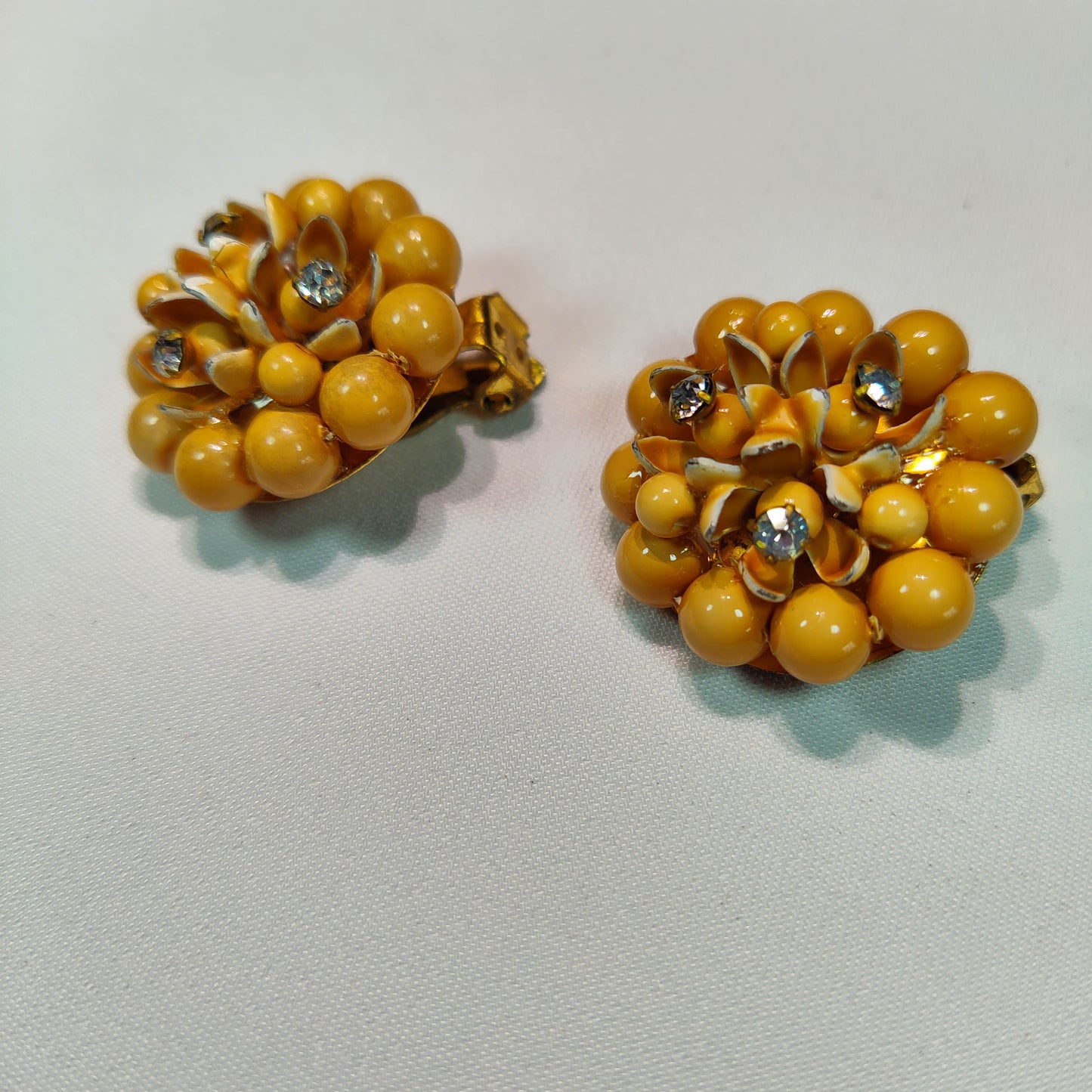 1950's Dark Yellow Bead, Rhinestone and Enamel Flower Clip Earrings