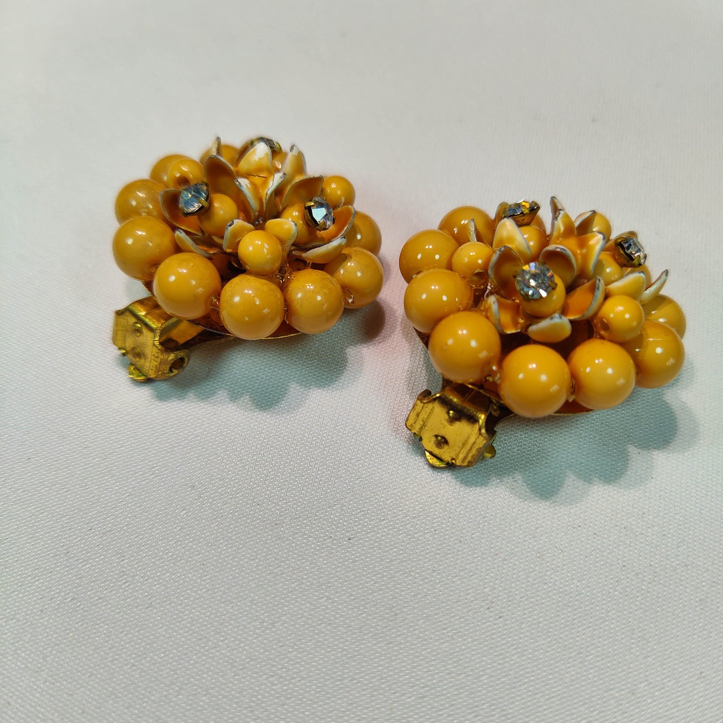 1950's Dark Yellow Bead, Rhinestone and Enamel Flower Clip Earrings