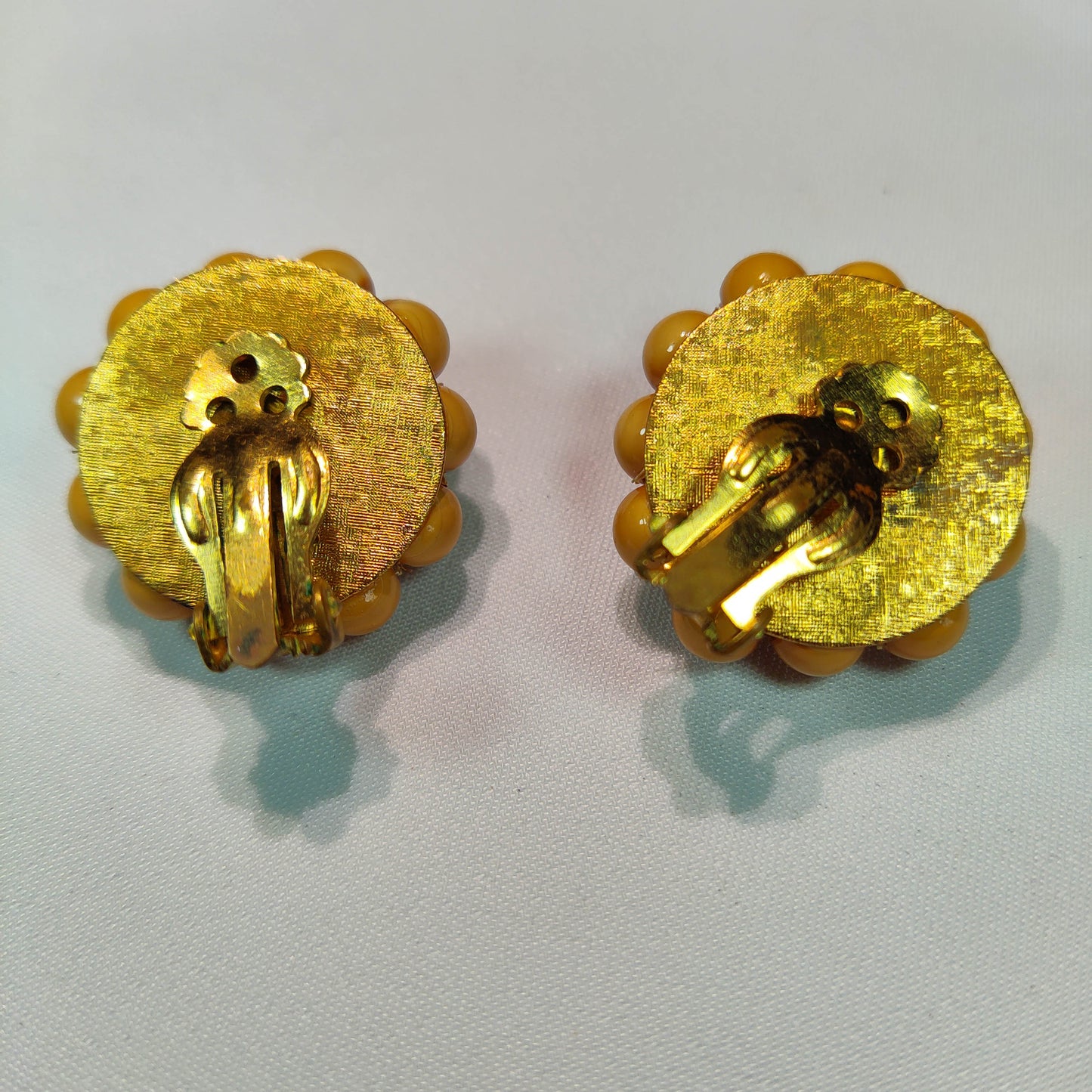 1950's Dark Yellow Bead, Rhinestone and Enamel Flower Clip Earrings