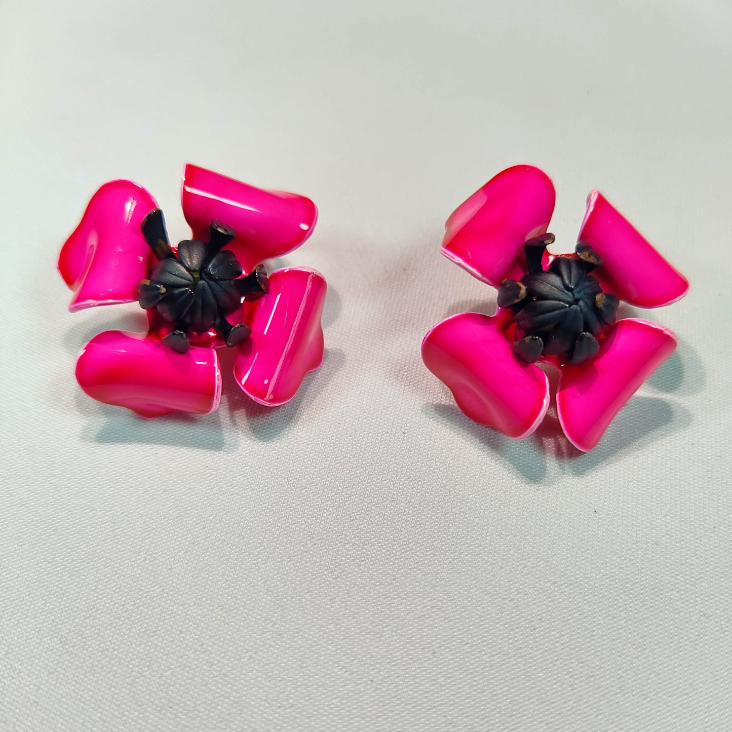 1950's Pink Enamel Flower Clip Earrings