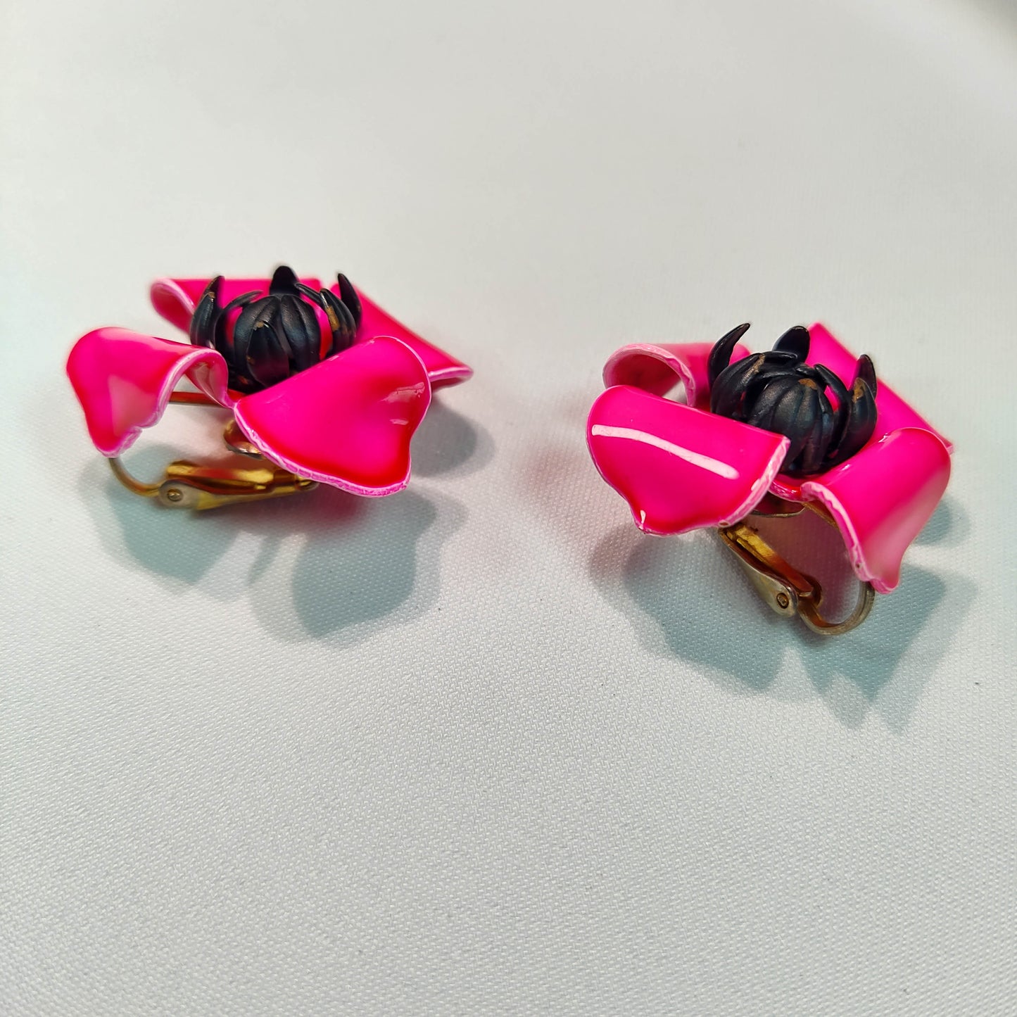 1950's Pink Enamel Flower Clip Earrings