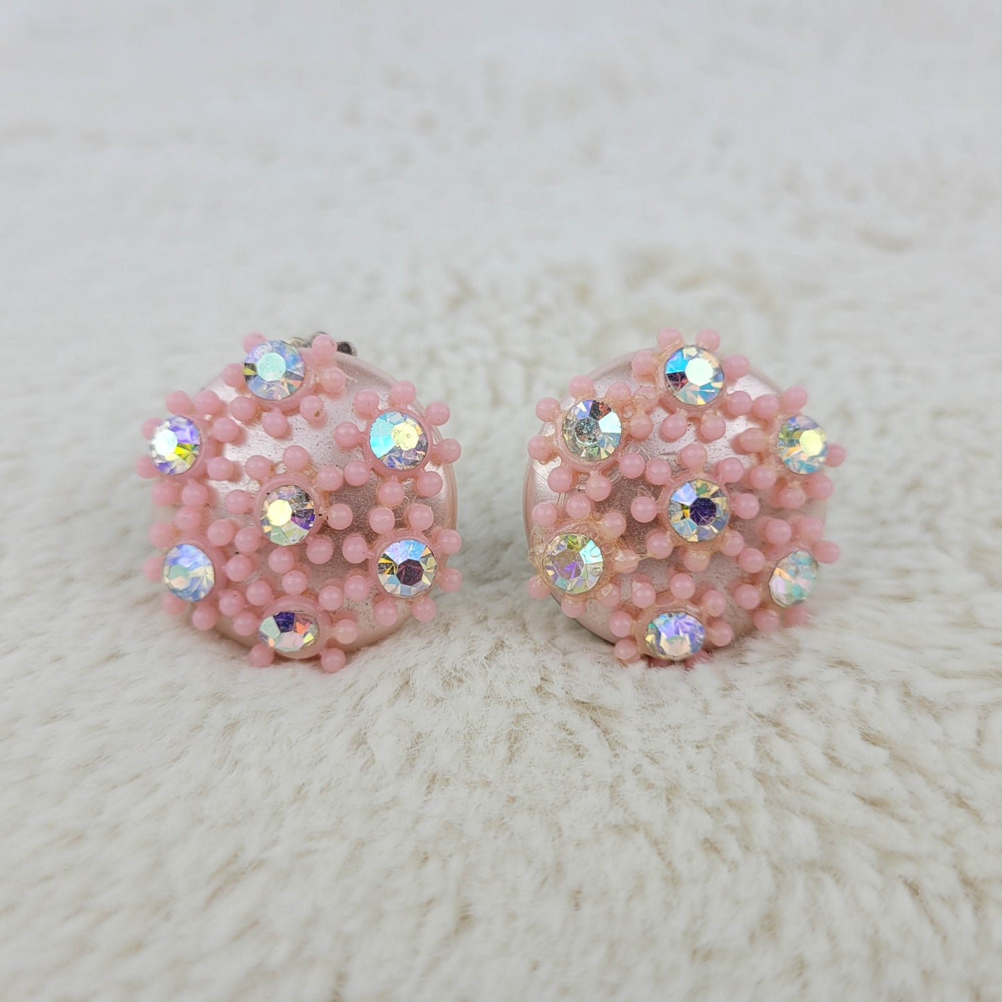 1950's Pink Lucite and Aurora Borealis Circular Clip Earrings