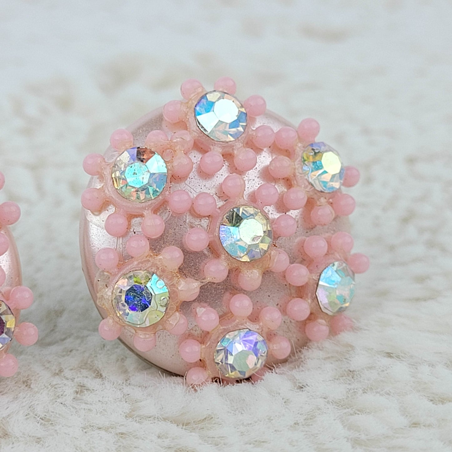 1950's Pink Lucite and Aurora Borealis Circular Clip Earrings