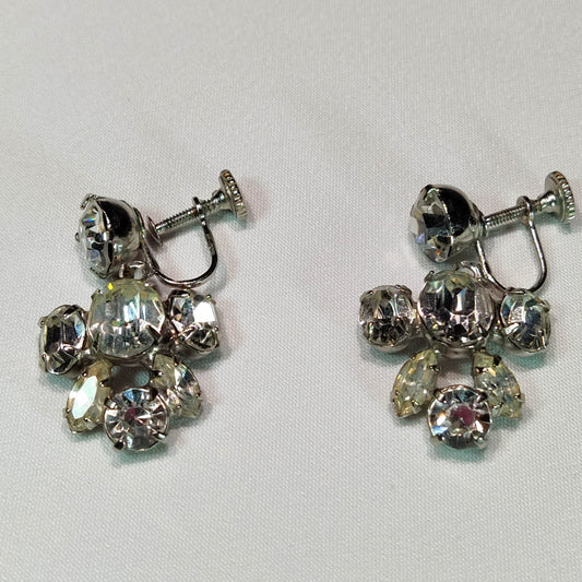 1940's Clear Rhinestone Cluster Screwback Dangle Earrings