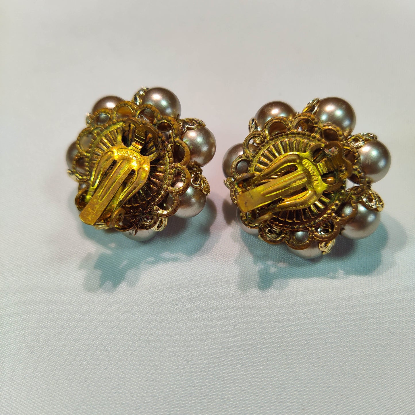 1950's Silver Bead and Gold Tone Cluster Clip Earrings Made in Japan