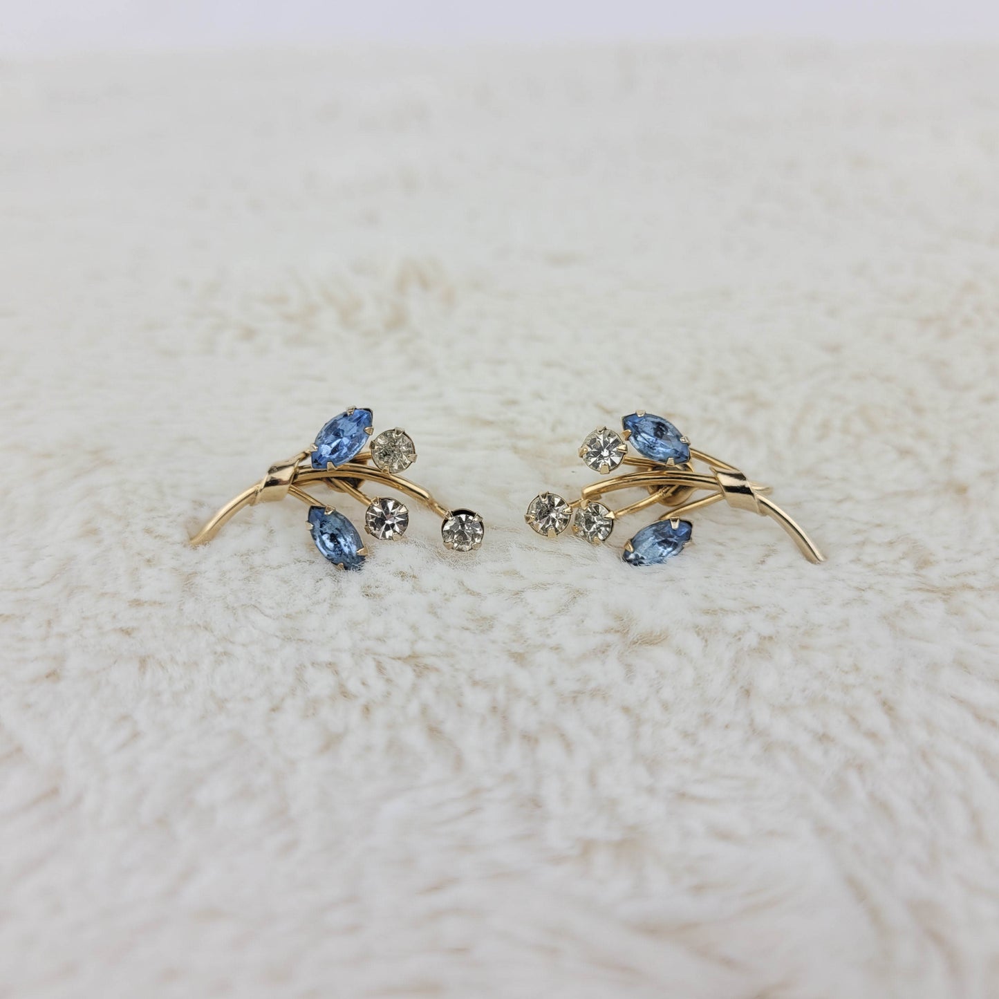 1950's Clear Blue Rhinestone Spray Earrings