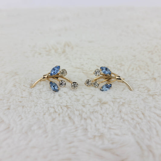 1950's Clear Blue Rhinestone Spray Earrings