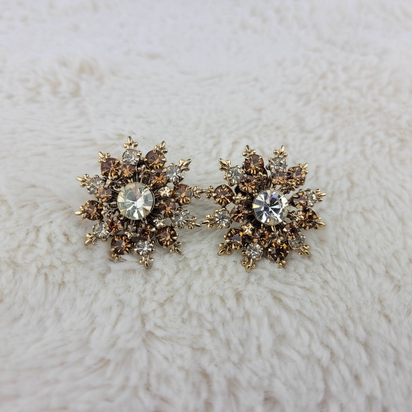 1950's Clear and Brown Rhinestone Starburst Clip Earrings