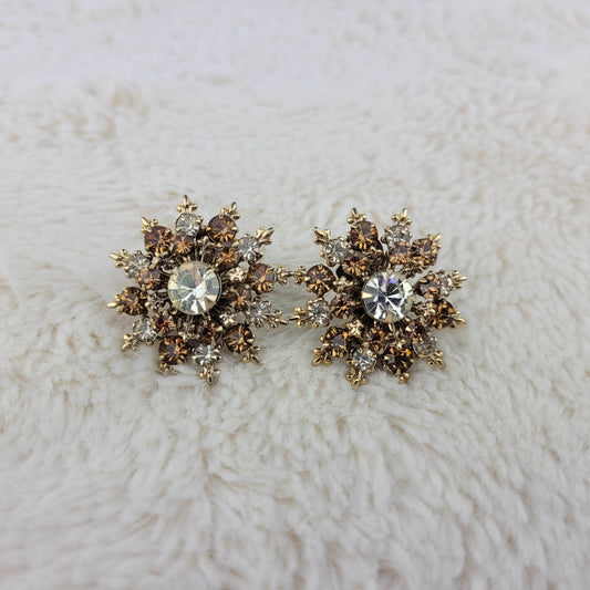 1950's Clear and Brown Rhinestone Starburst Clip Earrings