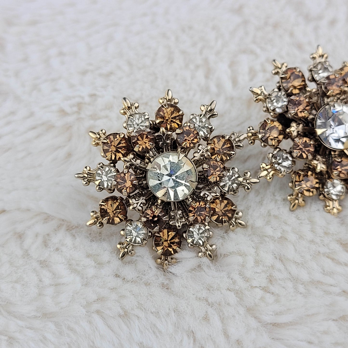 1950's Clear and Brown Rhinestone Starburst Clip Earrings