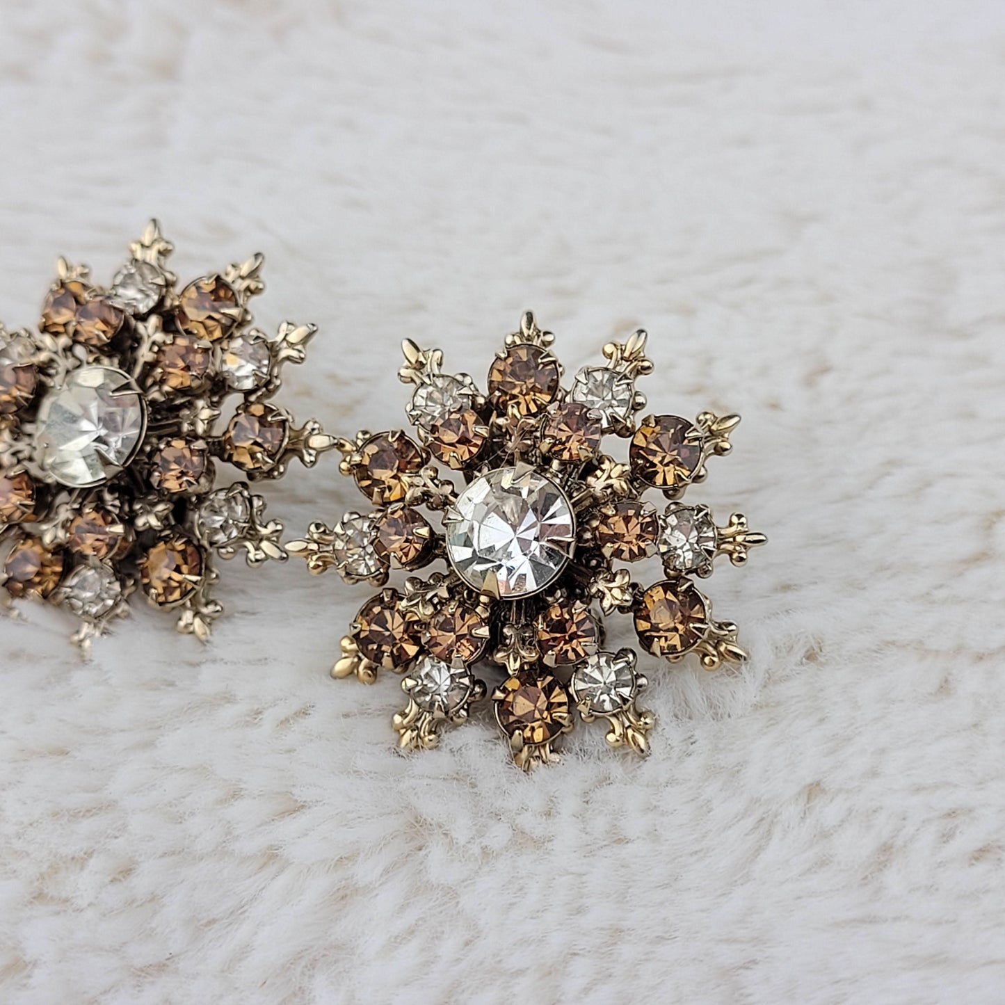 1950's Clear and Brown Rhinestone Starburst Clip Earrings