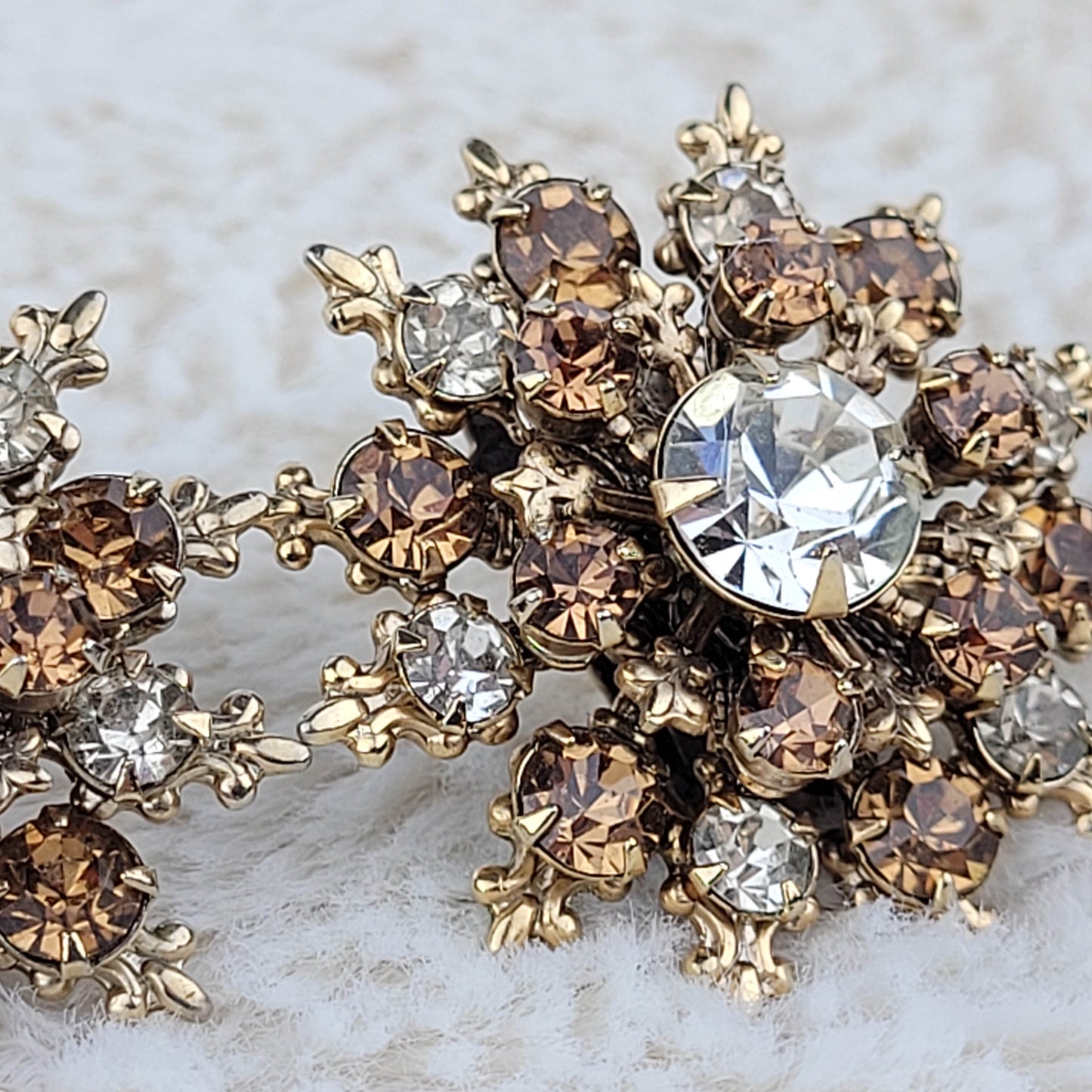 1950's Clear and Brown Rhinestone Starburst Clip Earrings