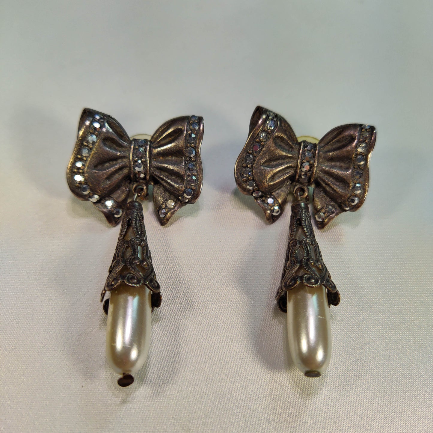 1970's Metal Bow Tie with Rhinestones and Pearl Bead Dangle Pierced Earrings