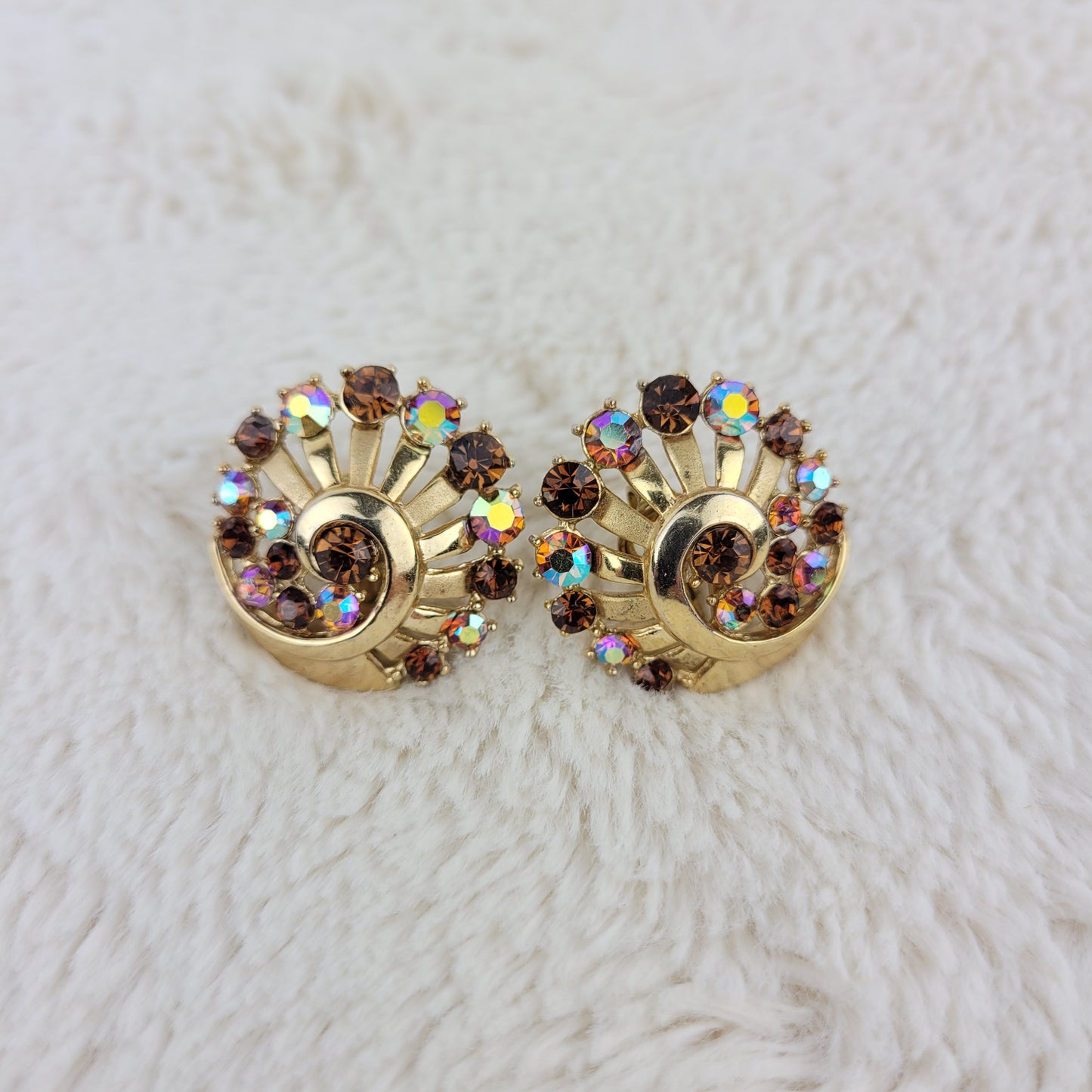 1950's Circular Gold Tone Metal Earrings with Aurora Borealis Rhinestones by Trifari