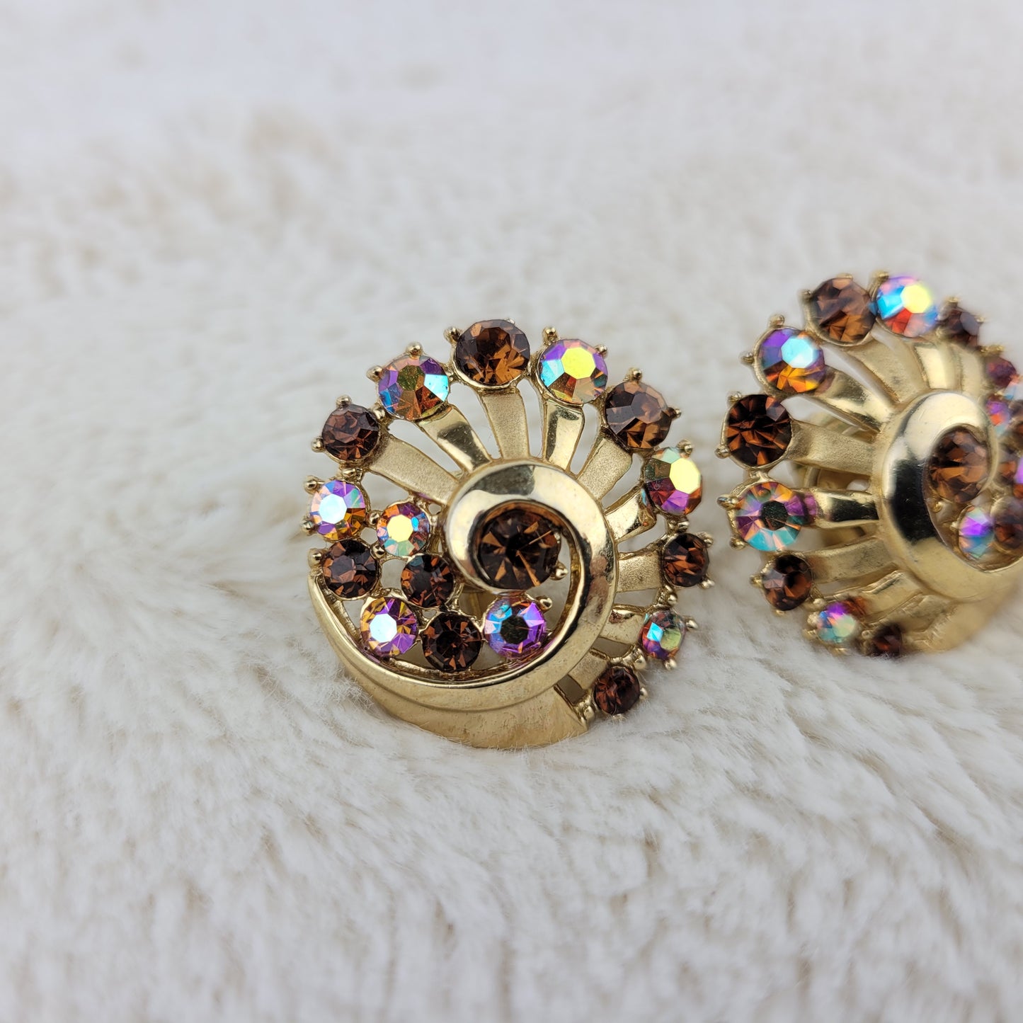 1950's Circular Gold Tone Metal Earrings with Aurora Borealis Rhinestones by Trifari