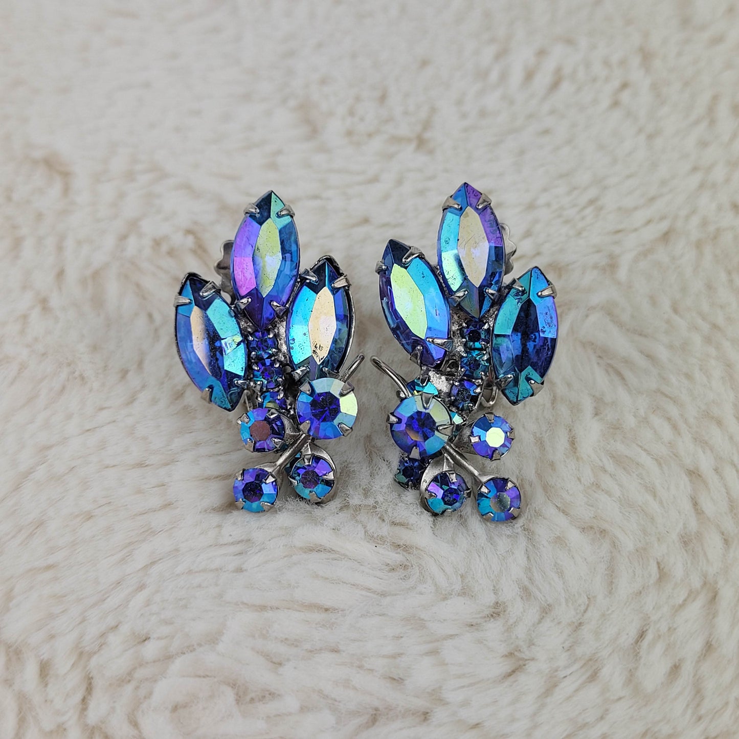 1950's Blue Aurora Borealis Stone Cluster Earrings