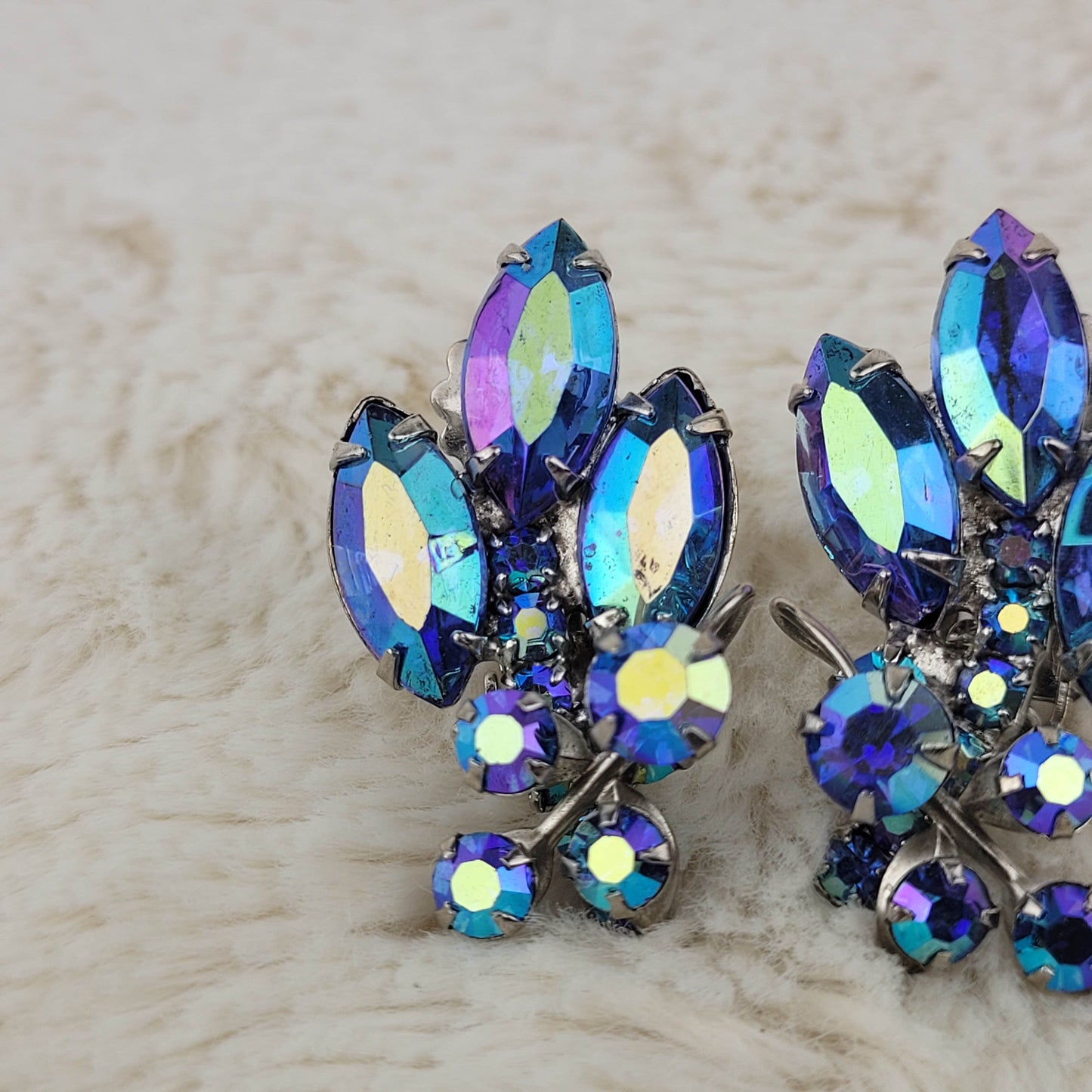 1950's Blue Aurora Borealis Stone Cluster Earrings