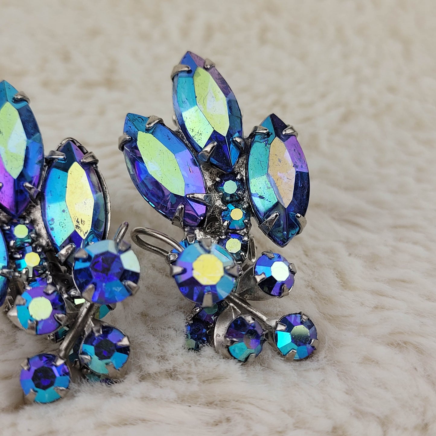 1950's Blue Aurora Borealis Stone Cluster Earrings