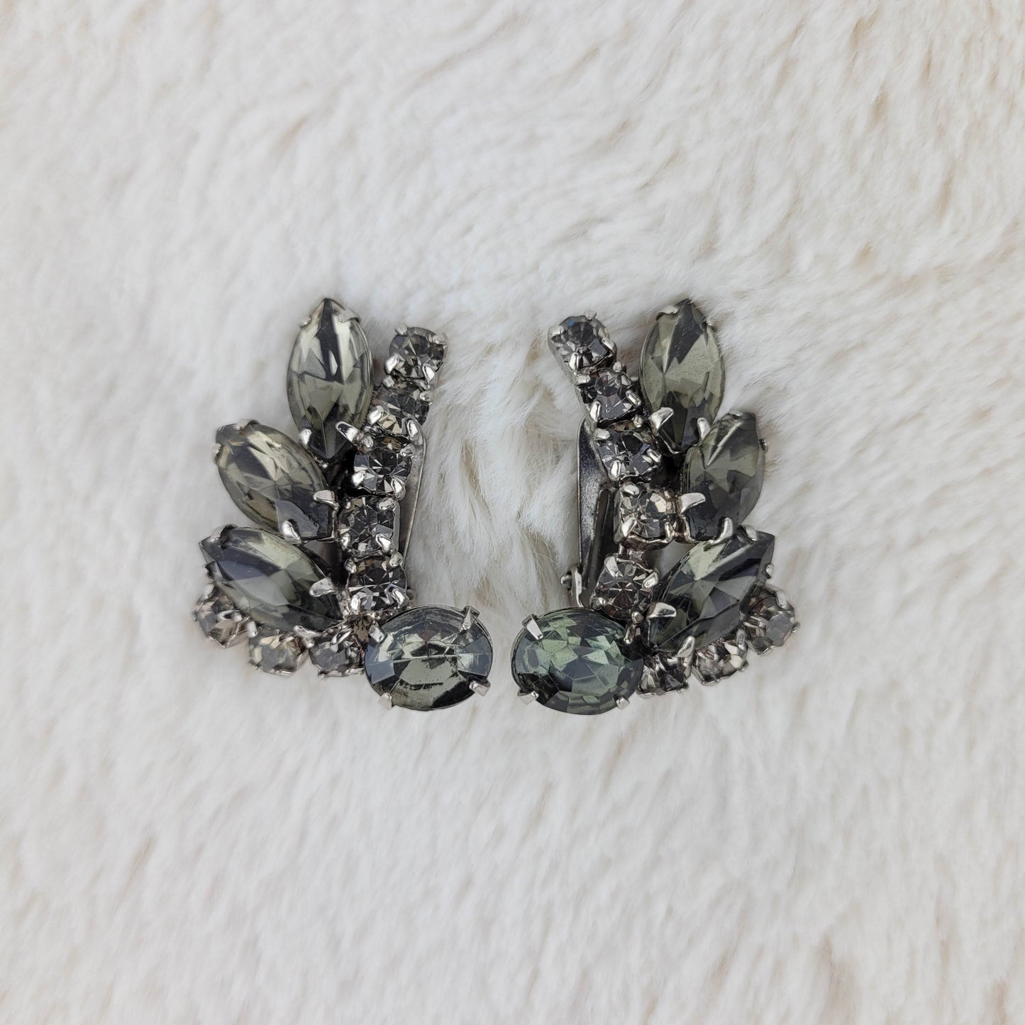 1950's Smokey Gray Rhinestone Spray Clip Earrings