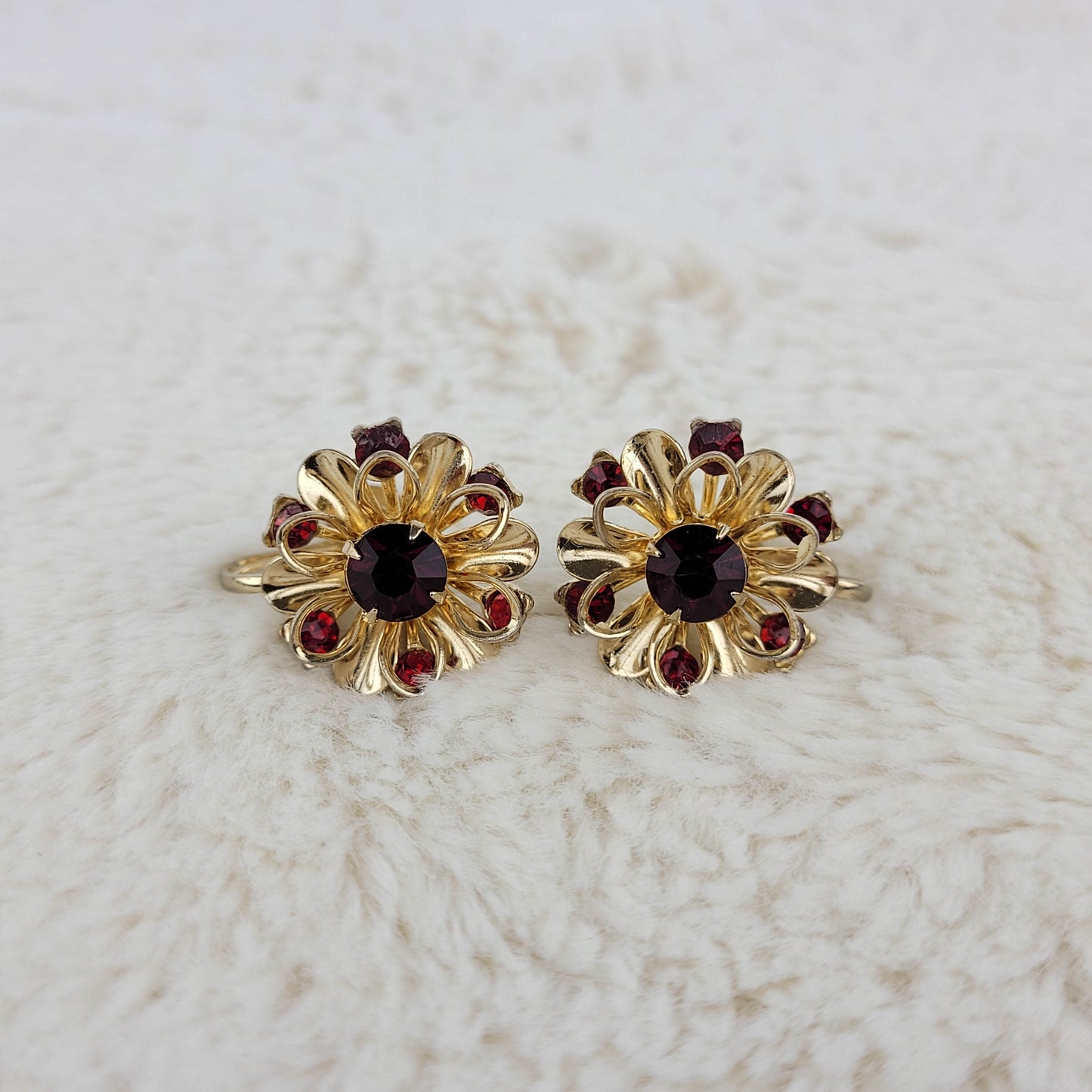 1950's Gold and Red Rhinestone Starburst Earrings by Coro