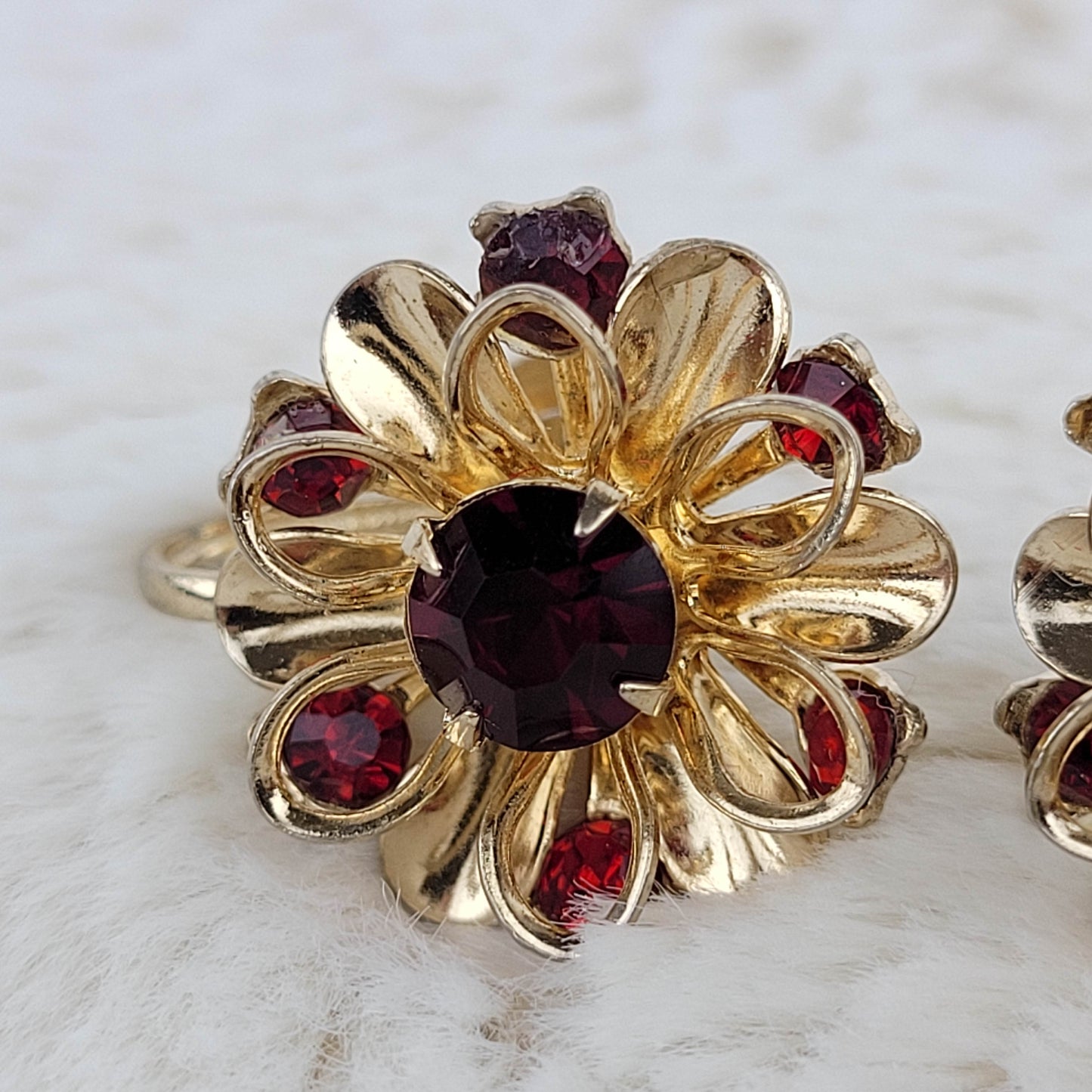 1950's Gold and Red Rhinestone Starburst Earrings by Coro