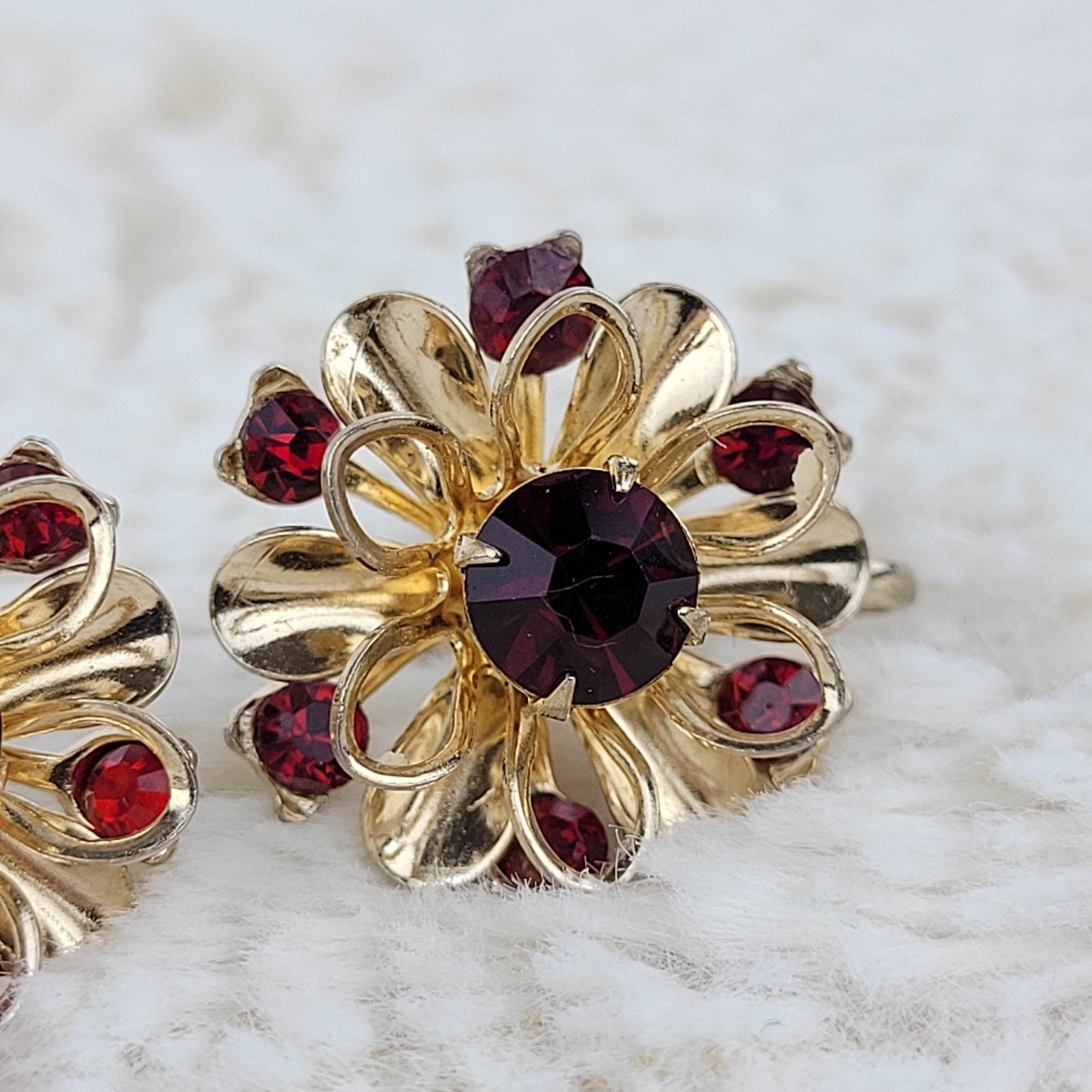 1950's Gold and Red Rhinestone Starburst Earrings by Coro