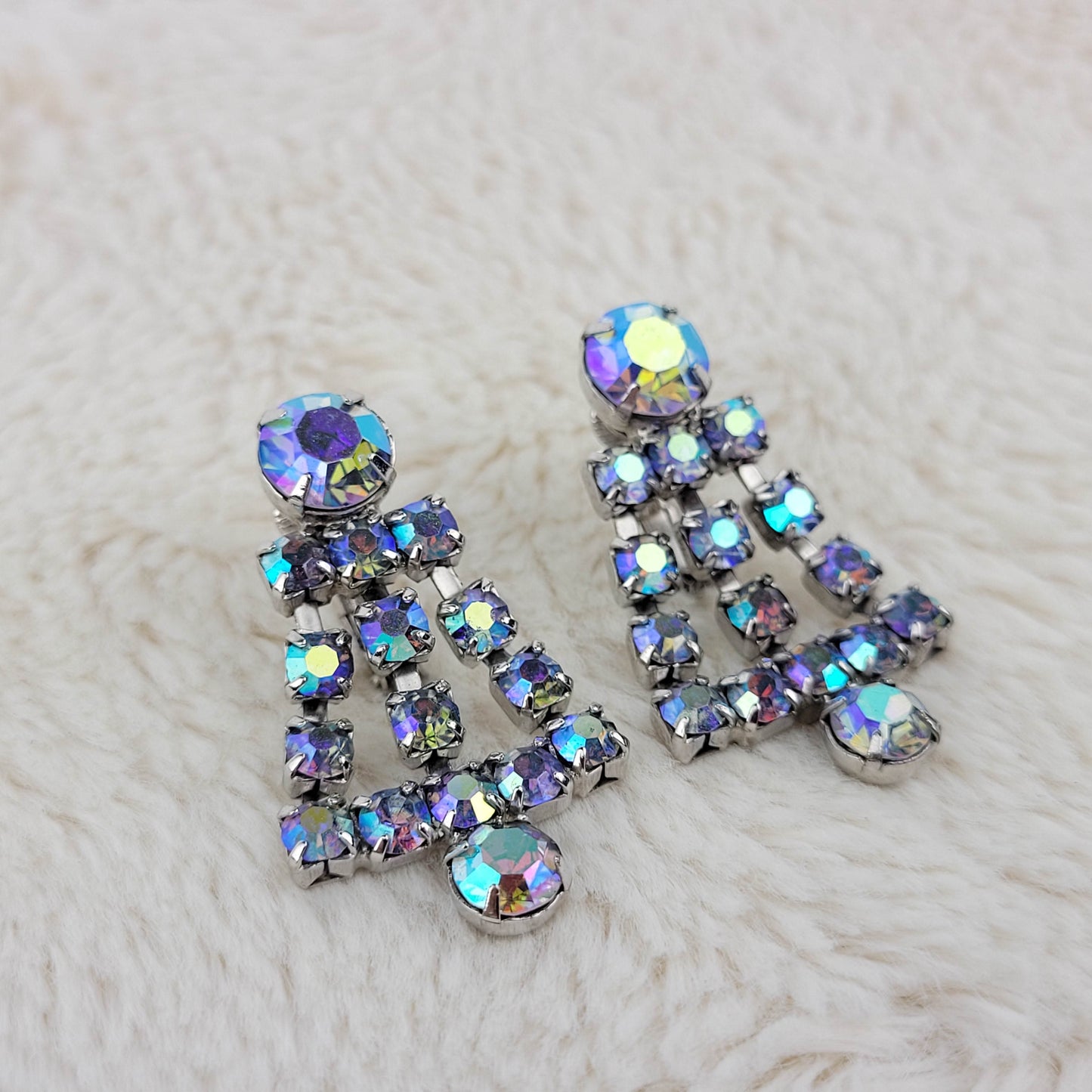 1950's Blue Aurora Borealis Rhinestone Dangle Earrings