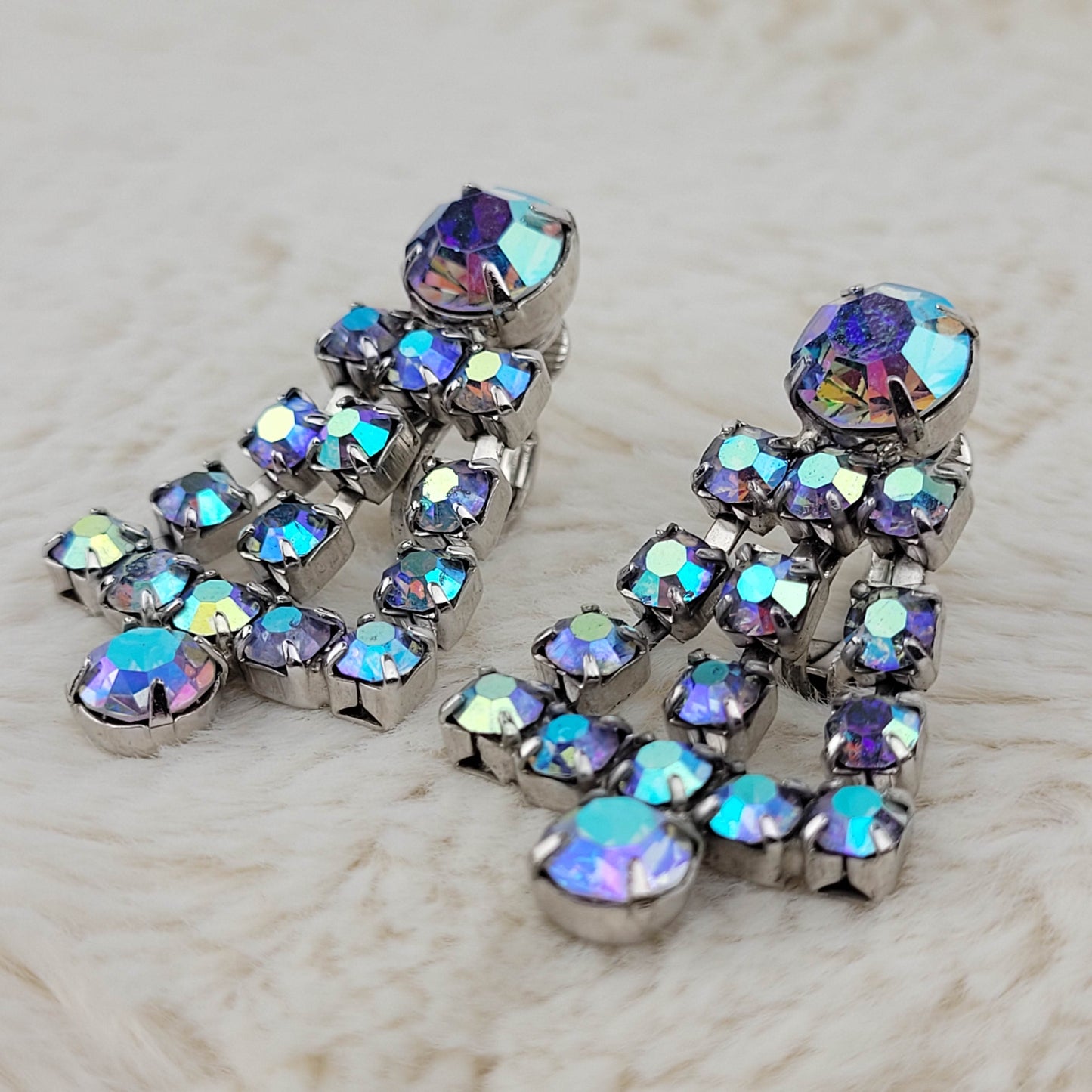 1950's Blue Aurora Borealis Rhinestone Dangle Earrings