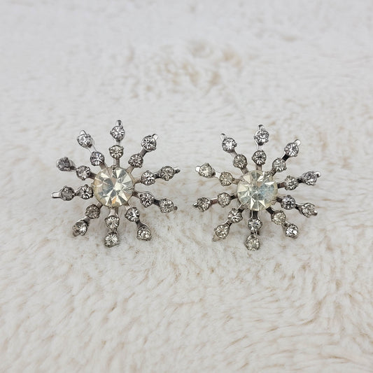 1950's Clear Rhinestone Starburst Clip Earrings