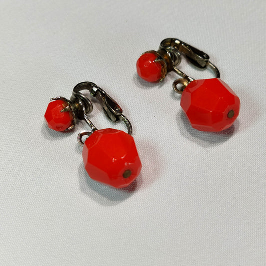 1960's Red Bead Dangle Clip Earrings