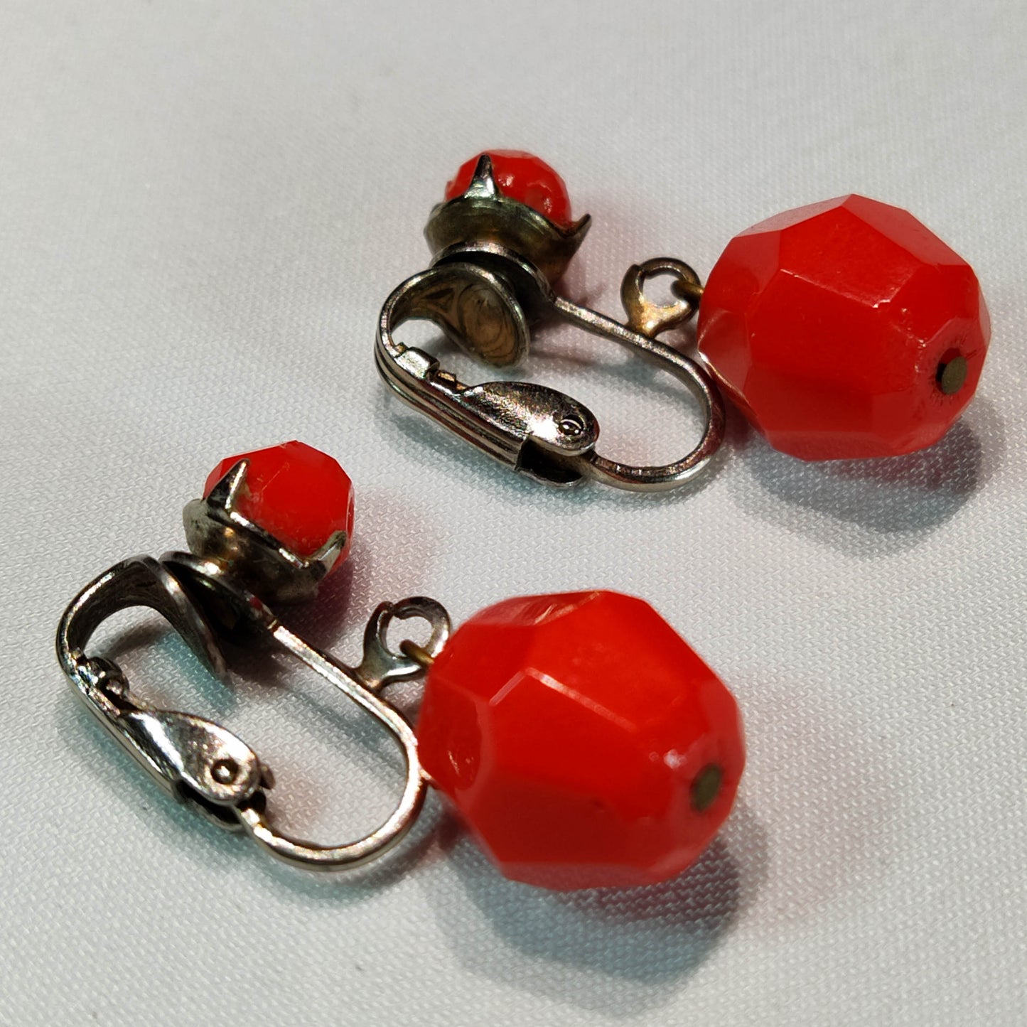 1960's Red Bead Dangle Clip Earrings