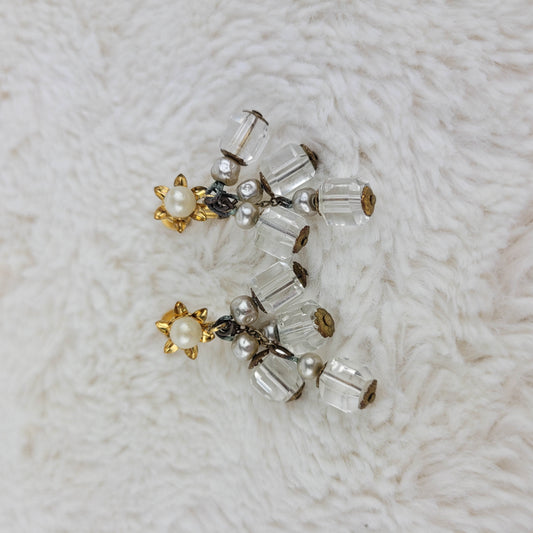 1950's Clear Bead Cluster Dangle Earrings with a Pearl Bead Stud