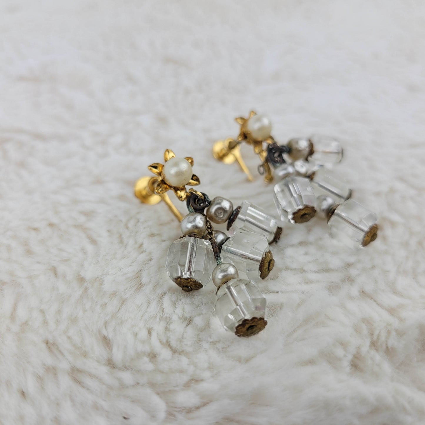 1950's Clear Bead Cluster Dangle Earrings with a Pearl Bead Stud