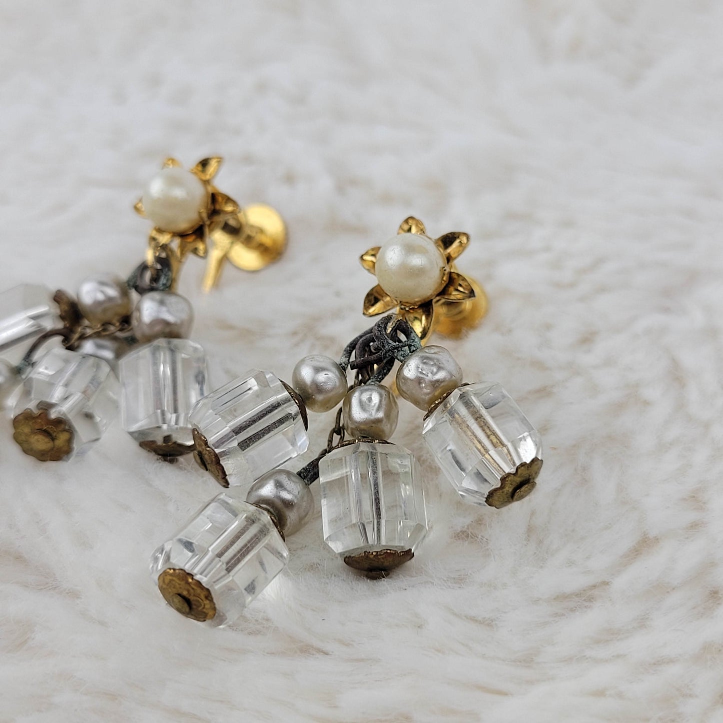 1950's Clear Bead Cluster Dangle Earrings with a Pearl Bead Stud